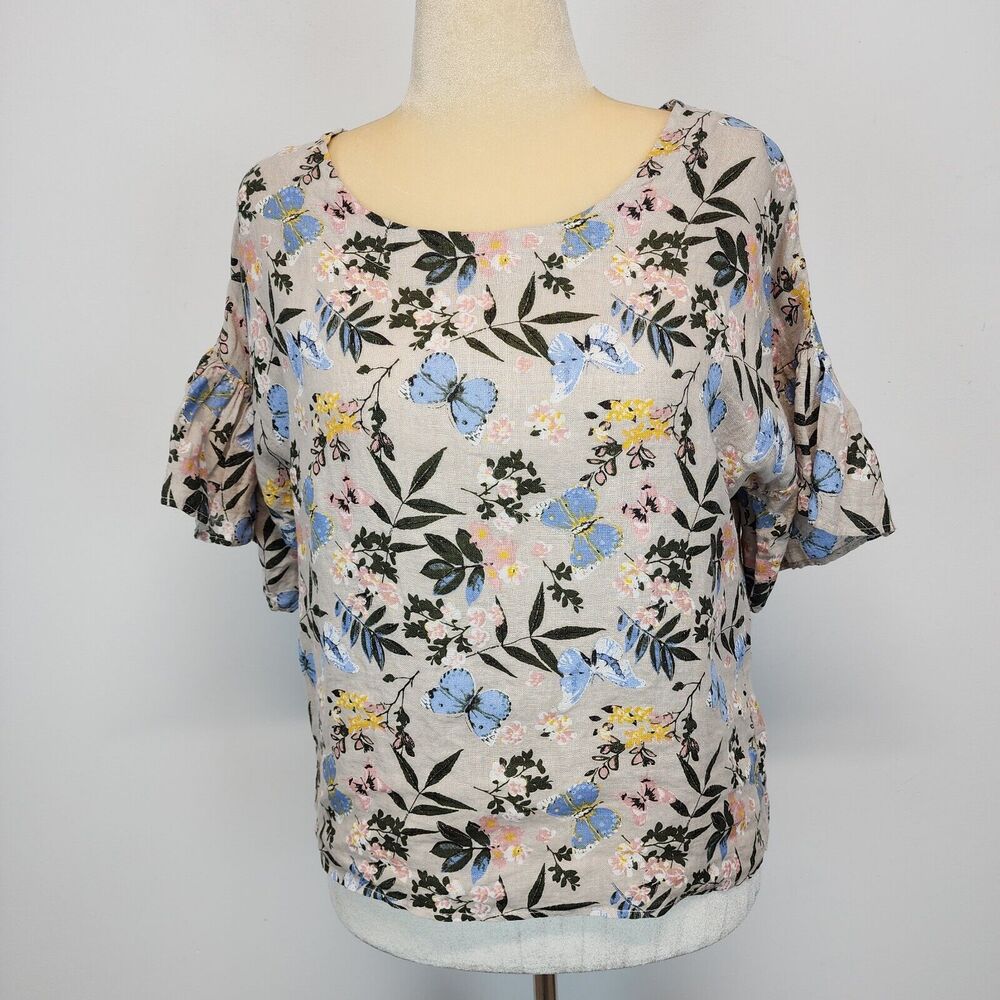 Viola Borghi Womens Floral Linen Top Size S Relaxed Ruffle Sleeve Round Neck